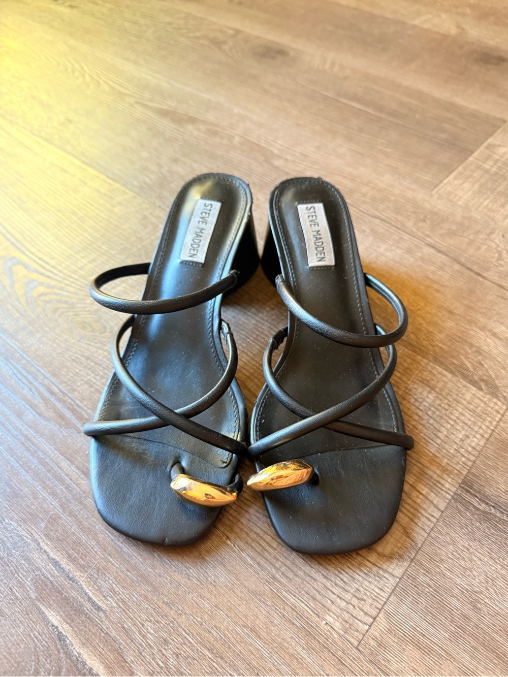Steve Madden Black Strappy Slide Sandals with Gold Accent Detail